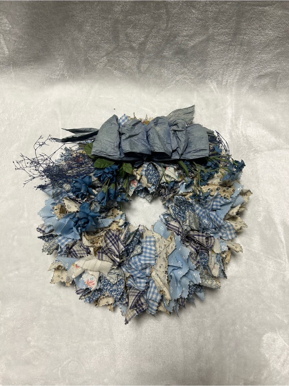 Vintage blue bow floral flowers rag fabric wreath wall decoration decor